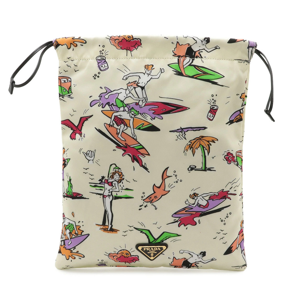 Prada Triangle Drawstring Pouch Clutch Cosmetic Case Surf Cream Multicolor